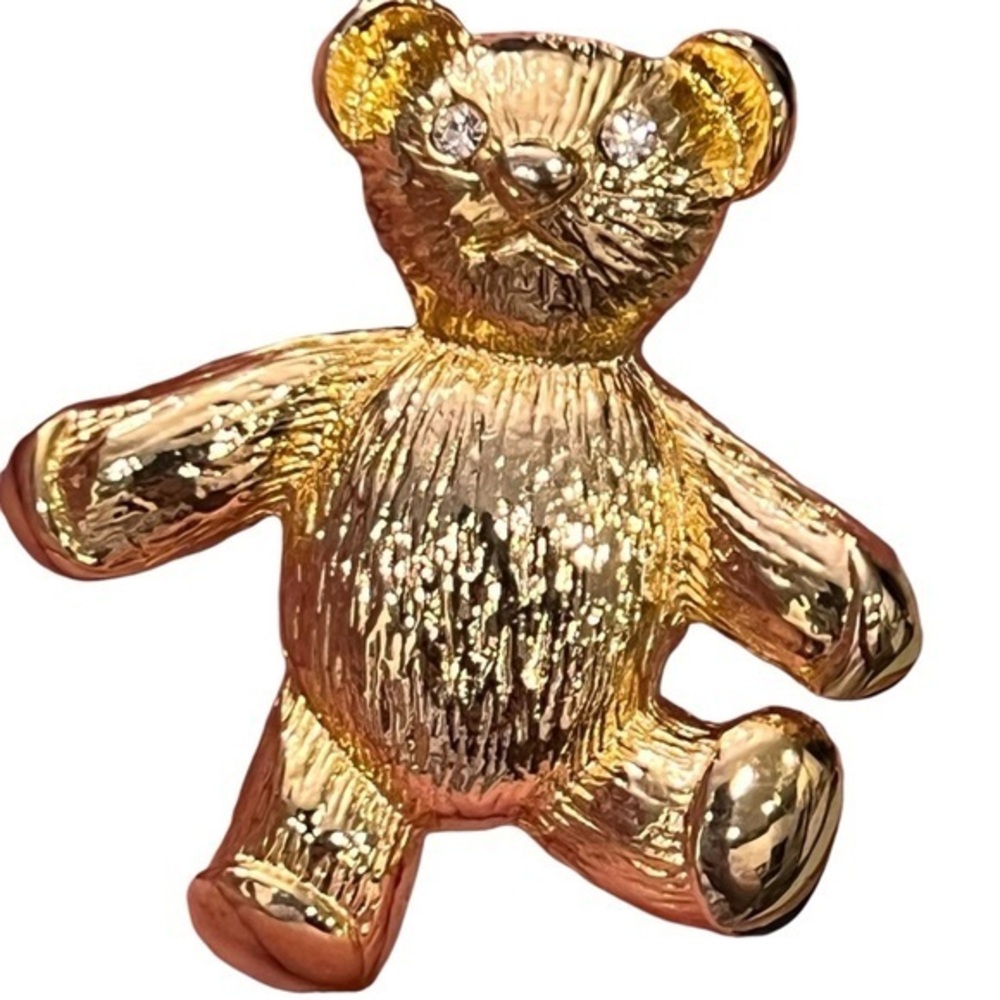 Teddy Bear Brooch Pin Gold Tone Rhinestone Eyes 1.5” Adorable Gift Shiny Jewelry